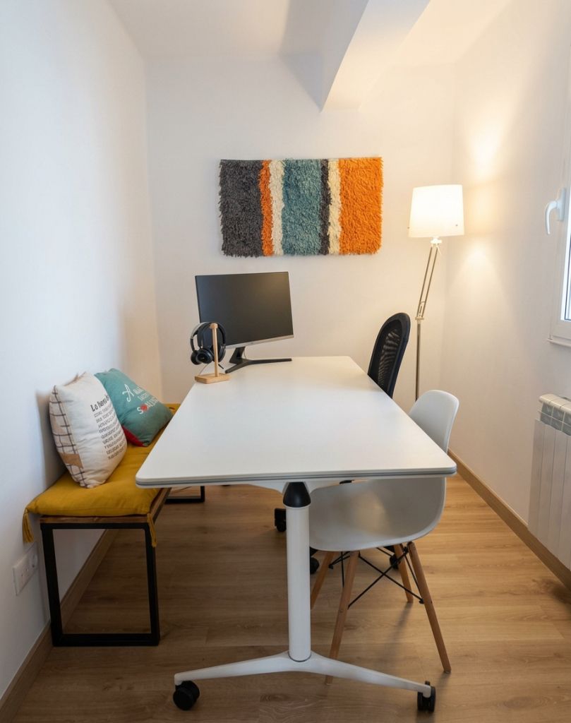 Sala de reuniones mediana con mesa blanca, monitor, auriculares y tapiz de lana a rayas; banco con cojín mostaza al lado