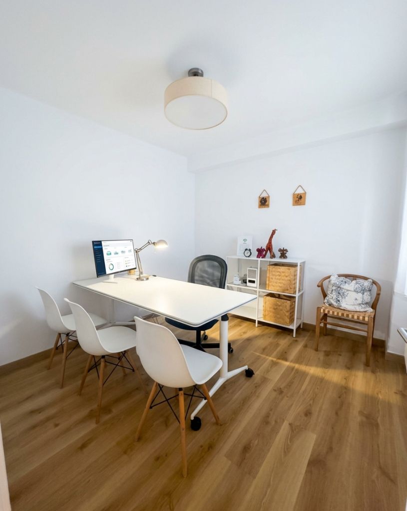 Sala de reuniones grande con mesa blanca, sillas, monitor, lámpara y estantería con cestas de mimbre