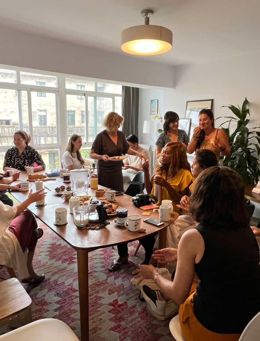Un grupo diverso de personas compartiendo café y repostería en una gran mesa de madera en un espacio de coworking luminoso