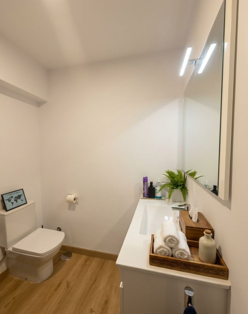 Baño del coworking con inodoro, lavabo blanco, espejo iluminado y toallas enrolladas sobre la encimera